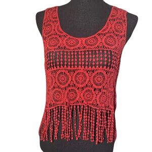 1990s Vintage Boho Festival Fringe Red Crochet and Lace Crop Top